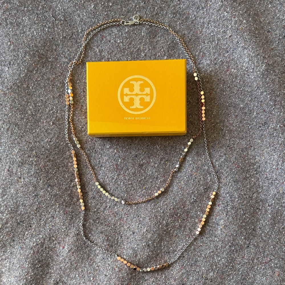 Tory Burch Silver and Rose Gold Double Chain Necklace